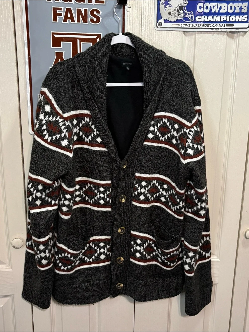 Buffalo David Bitton Charcoal Shawl Collar Patterned Cardigan